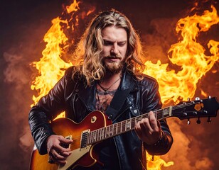 Obraz premium A long-haired musician plays a guitar against a backdrop of flames and smoke, wearing a leather jacket