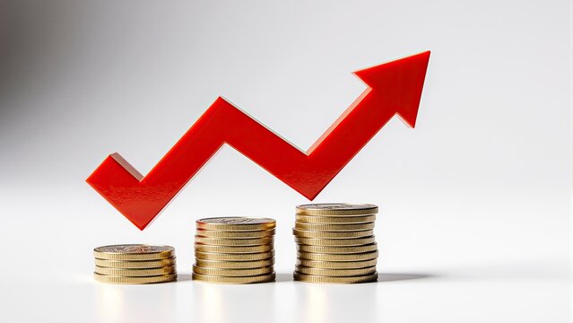 A stark visual representation of economic decline is portrayed using three stacks of golden coins, each progressively lower than the one before it.  zigzagging red arrow pointing downwards