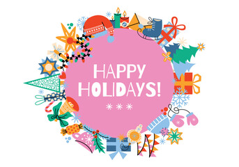 Concept of the winter holiday with round frame of invitations, greeting cards and wallpaper design. Cute cartoon illustration for Christmas and New Year. Festive decor, fir tree, decoration, gift, bow