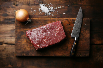 Juicy marbled beef steak on a rustic wooden cutting board with Japanese knife and onion