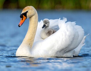 Obraz premium A parent swan gracefully glides across water with its fluffy cygnet nestled safely on its back. The serene scene evokes peaceful tranquility
