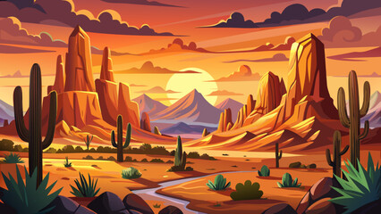 Very beautiful Wild West Texas desert landscape at sunset, featuring rugged mountains, scattered cacti, and warm golden light illuminating the vast arid terrain under a dramatic southwestern sky.