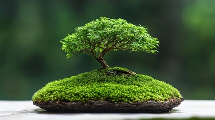 Decorative green bonsai tree on mossy base perfect for indoor gardening and miniature plant displays