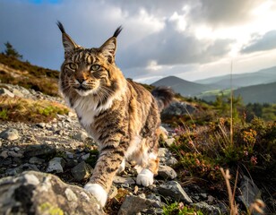 Fototapeta premium A majestic lynx strides confidently along a rocky mountain path, its gaze direct. The background displays rolling hills and cloudy skies