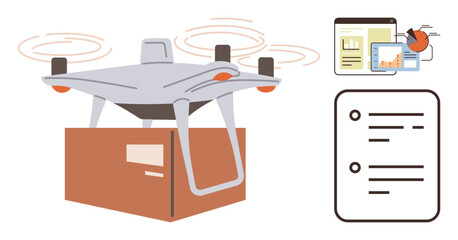 quadcopter carrying a package paired with analytical charts, bar graph, and checklist. Ideal for technology, delivery systems, logistics, business planning, e-commerce, supply chain process