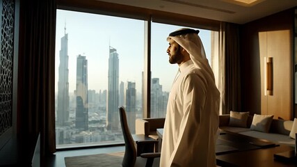 A man in traditional attire gazes out a large window at a modern city skyline - Powered by Adobe