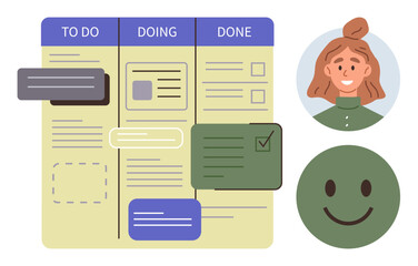 Kanban-style task board with columns labeled To Do, Doing, and Done, accompanied by a smiling woman and a happy face. Ideal for productivity, teamwork, workflow, planning, organization goal setting © robu_s