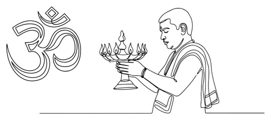 One continuous line drawing of a Hindu priest performing Aarti pooja with a diya lamp.