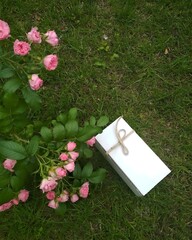 White gift box tied with jute string next to blooming pink roses on fresh green grass. Romantic natural composition perfect for celebrations, weddings, or lifestyle design.