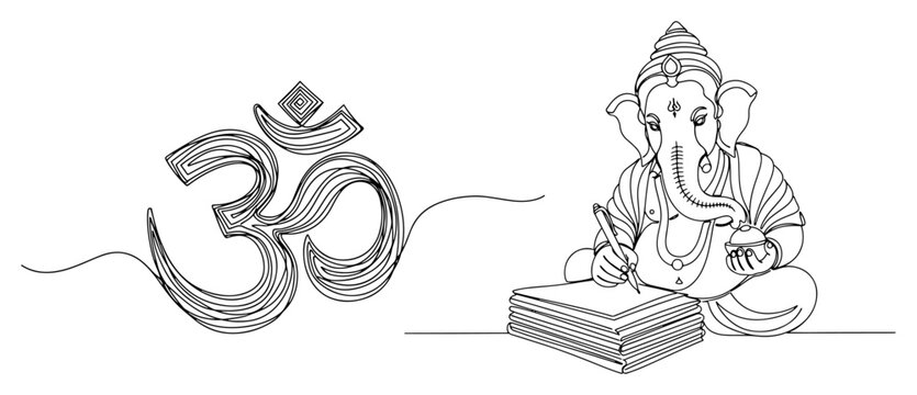 One continuous line drawing of Lord Ganesha writing with the Om symbol for Ganesh Chaturthi.