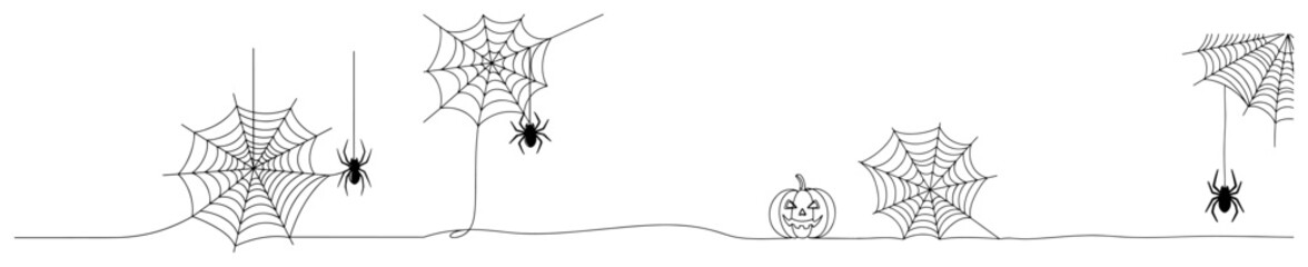 Halloween spider web border &mdash; black line art vector with hanging spiders and pumpkin