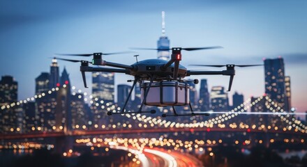 Fototapeta premium Futuristic Delivery Drone Flying Over a Modern Cityscape at Twilight 