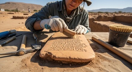 Archaeologist Carefully Cleaning an Ancient Cuneiform Tablet at an Excavation Site
