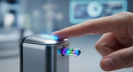 Futuristic Biometric Activation: Fingerprint Scan on a High-Tech Device with a Glowing Capsule
