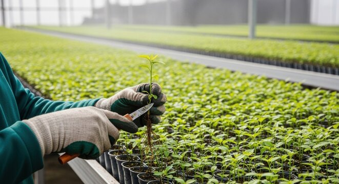 Greenhouse Cultivation: Worker Carefully Tending to a Young Plant Sapling
