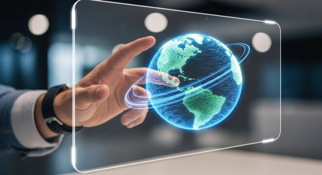 Businessman Interacting with a Holographic Digital Earth on a Futuristic Interface
 - Powered by Adobe