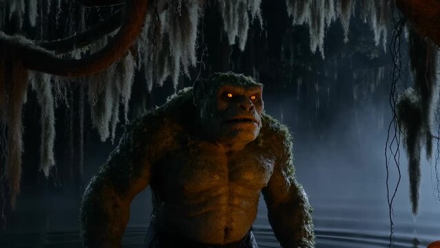 Mysterious Creature Emerges from the Shadows in a Lush Swamp Environment