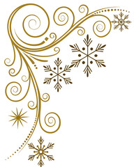 Festive golden swirl corner with intricate filigree details, layered snowflakes, and radiant sparkles