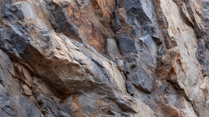 Rugged rock formations showcase diverse textures and colors under daylight. Shadows and highlights emphasize the natural beauty of the stone in this outdoor setting.