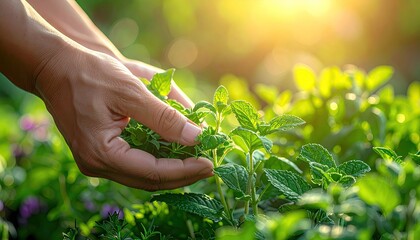 Hands Gently Harvesting Fresh Green Herbs in a Sunlit Garden During Golden Hour With Warm Sunlight Filtering Through Leaves
