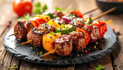 Delicious Grilled Beef and Vegetable Skewers with Red Yellow Orange Bell Peppers Zucchini and Red Onion Seasoned with Spices on a Dark Stone Plate with Natural Light