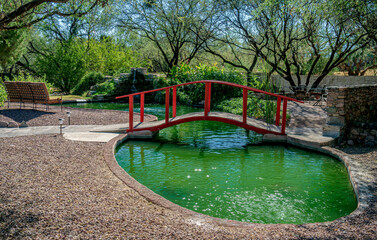 A red Japanese style footbridge crosses a small pond in a park.