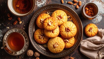 Golden Baked Cookies Topped with Walnuts Arranged Artfully on a Silver Platter with Two Cups of Tea and Scattered Nuts on a Dark Textured Background
