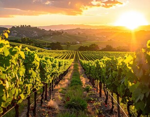 Golden Hour Sunset Over Rolling Vineyard Rows Bathed in Warm Light with Distant Hills and Hazy Horizon