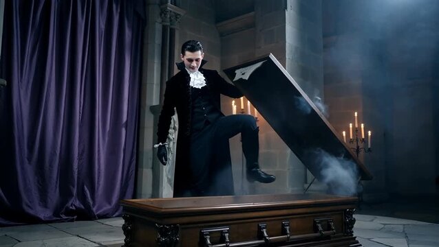 Male Vampire Opening Coffin in Dark Gothic Setting