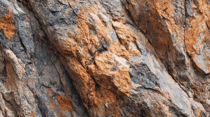 Unique rock formation features a combination of orange and gray textures showcasing patterns created by natural weathering in daylight. The surface displays interesting geological features.