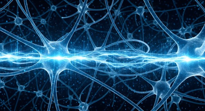 Abstract blue glowing neural network connections symbolizing data transfer and advanced technology