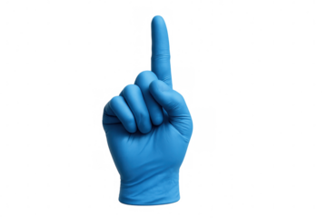 Medical professional hand in blue glove pointing finger up, indicating direction or number one, transparent background