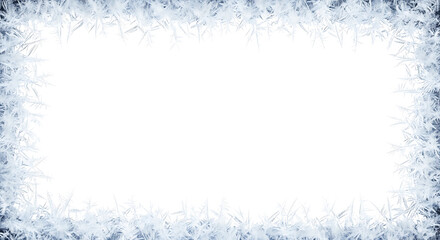 A decorative frozen window effect with a beautiful blue frost pattern forming a rectangular border, isolated on a white background with ample copy space for text