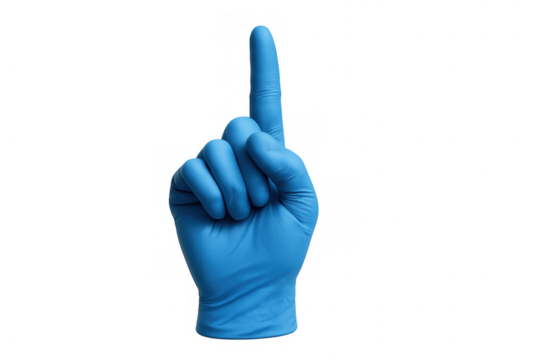 Medical professional hand in blue glove pointing finger up, indicating direction or number one, transparent background