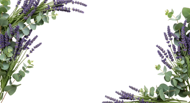 Elegant floral border with lavender and eucalyptus sprigs on a white background, perfect for invitations and greeting cards