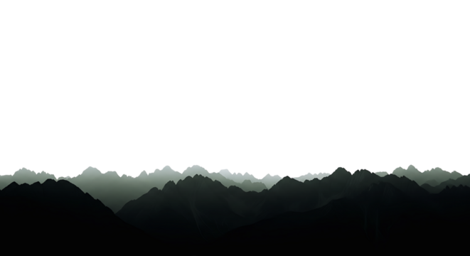 Misty mountain range silhouette against a bright white sky, creating a serene and atmospheric landscape view