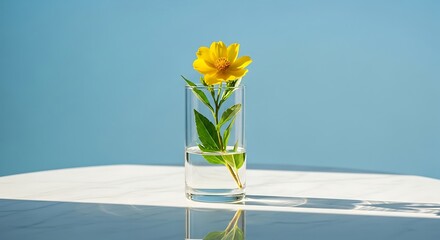 Transparent glass vase with vibrant yellow flower, placed alone on a polished white table, sky blue background
