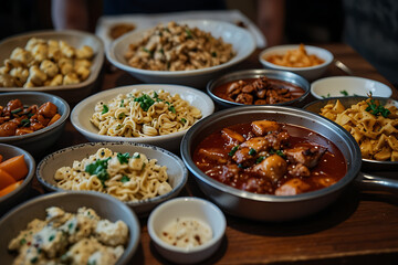 Spicy Indian chicken curry with rice and fresh vegetables served as a delicious market lunch dish