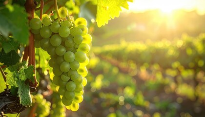Close up of green grapes hanging from a vine in a vineyard during golden hour sunlight with soft bokeh background