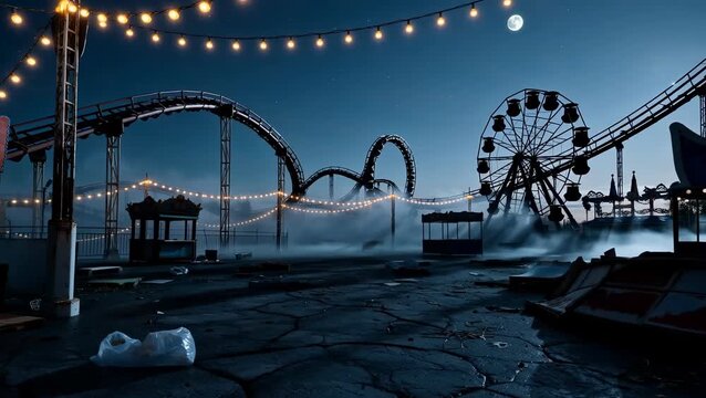 Abandoned Amusement Park at Night with Fog and Lights