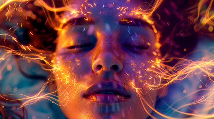 A peaceful moment captured with closed eyes, enhanced by radiant swirls of light illuminating the calm expression on the face