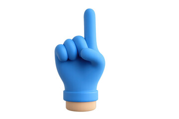 3d blue cartoon hand showing number one gesture, pointing finger up, indicating importance, selection, or priority on transparent background