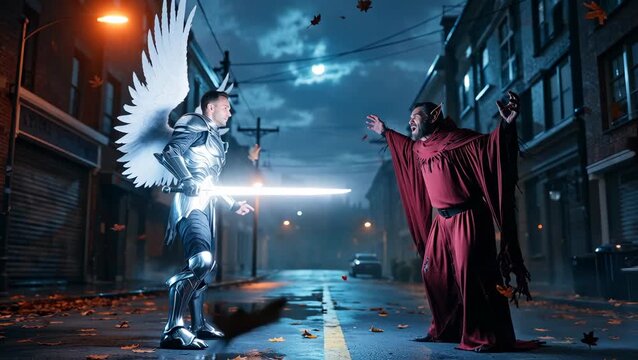 Epic Battle Between an Angel and a Dark Sorcerer in a Mysterious City at Night