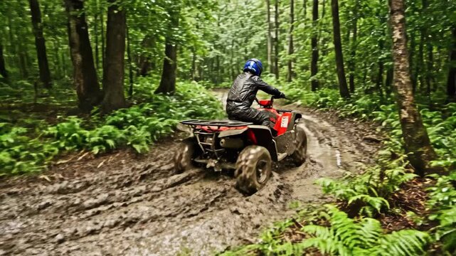 ATV rider on a muddy trail in a forest, outdoor recreational fun