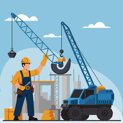 Fototapeta premium Industrious male construction worker guiding a large blue crane, lifting heavy materials on a busy urban building site.