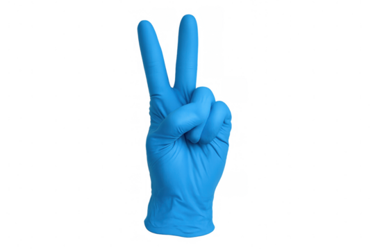 Hand wearing blue medical glove gesturing peace or victory sign, symbolizing health, success, and protection