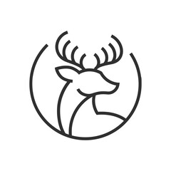 Elegant deer head logo design with minimalist antlers and circular frame, perfect for nature brands and outdoor companies.