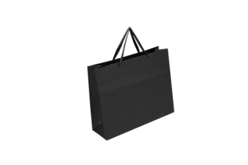 A person's hand holding a paper shopping bag with handles on a clean white background. Studio shot with ample copy space for text, logos, or branding. Isolated on white, cut out.