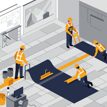 Productive team of construction workers installing flooring, laying tiles or applying a surface finish on an interior construction site in an isometric view.