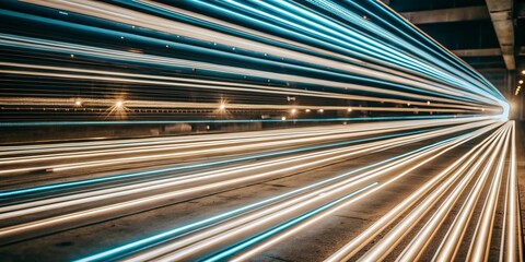 Abstract light trails create a sense of speed and motion in a dark tunnel
